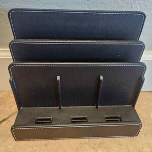Black Leather File Folder Organizer Charging Station Letter Holder 12"x9"x10"